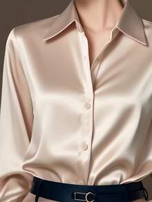 女士优雅香槟色缎面衬衫，经典领型，高品质长袖，通勤百搭，四季皆宜，柔软顺滑的缎面面料，适合商务或正式场合。 - 香檳色 - 查看 3