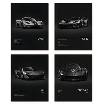 4 carteles de autos de carreras sin marco en blanco y negro - Arte de pared para decoración del hogar, con FXXK, P1, ZONDA R, ONE:1 y talla grande - Impresiones de cartulina de alta calidad para entusiastas de los autos y decoración de autos de carrera