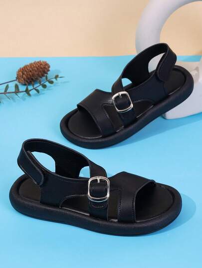 1 Pair Unisex New Style PU Hook And Loop Design Flat Cute Sandals, Soft Bottom Non-Slip Children Beach Shoes, Fashion Versatile Baby Toddler Sandals, Suitable For Summer