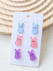 Hatastic 6pcs Colorful Acrylic Easter Bunny Stud Earrings, Cute Contrast Color Egg Rabbit Earrings Set, Versatile Daily Wear For Women Back To School - Style1 - View 6