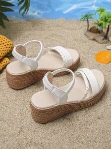1双女童舒适坡跟厚底凉鞋，适合夏季户外、日常穿着和上学穿着 - 白色 - 查看 10