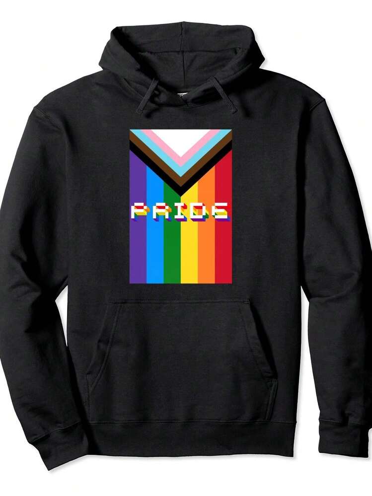 Sudadera con capucha gráfica de orgullo LGBTQ+ para hombres - Sudadera negra de 250gsm con letras de arcoíris y colores de la bandera de orgullo inclusiva, sudadera con capucha de manga larga casual para otoño e invierno, ropa LGBTQ de ajuste regular, sudadera con capucha para hombres, sudadera gráfica para hombres, sudadera para hombres, sudadera de diseñador, sudadera para hombres, sudadera con capucha para hombres, ropa para hombres - Negro - Añade 6