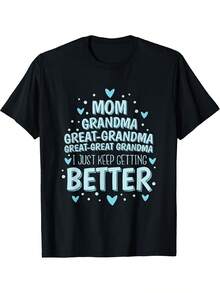 Camiseta de Generaciones Familiares para Mujer y Hombre - Estampado de Texto de Mamá, Abuela, Abuela Mayor, Abuela Abuela Mayor y Abuelo, Negra con Corazones Azul Claro, Alta Elasticidad, Ajuste Cómodo para Todas las Temporadas, Camiseta Casual para Reuniones Familiares, Regalos de Genealogía y Más - Negro - Ver 1