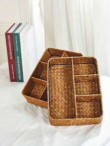 1pc Handwoven Wicker Storage Basket - Multi-Compartment Organizer For Snacks, Desk Accessories & Decor, Natural Rattan Design, Perfect For Home Or Office Use, Desk Organizer|Traditional Style|Woven Texture, Basket Storage - Multicolor - View 8