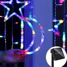 Solar LED Curtain String Lights, 8 Modes, Internet Famous Romantic Hanging Star Moon Fairy Lights, Muslim Prayer, Decoration For Ramadan And Eid Al Fitr, Islamic Decoration, Suitable For Courtyard, Outdoor Camping, Birthday Parties, Terrace Garden Festival Decoration