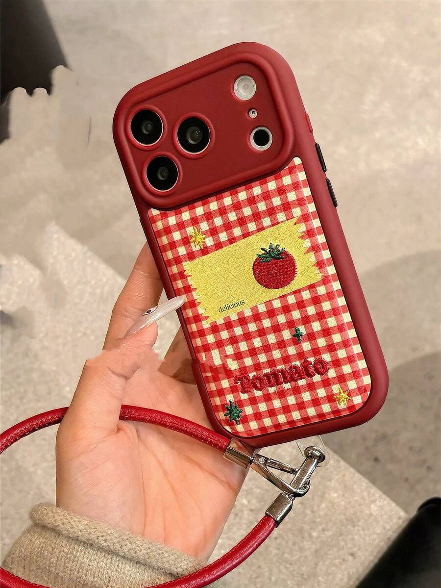 Red Plaid Embroidered Tomato Pattern Soft Leather Phone Case Compatible With IPhone 17/16 Pro Max, Shockproof Protective Cover With Lanyard, Stylish - Red - View 1
