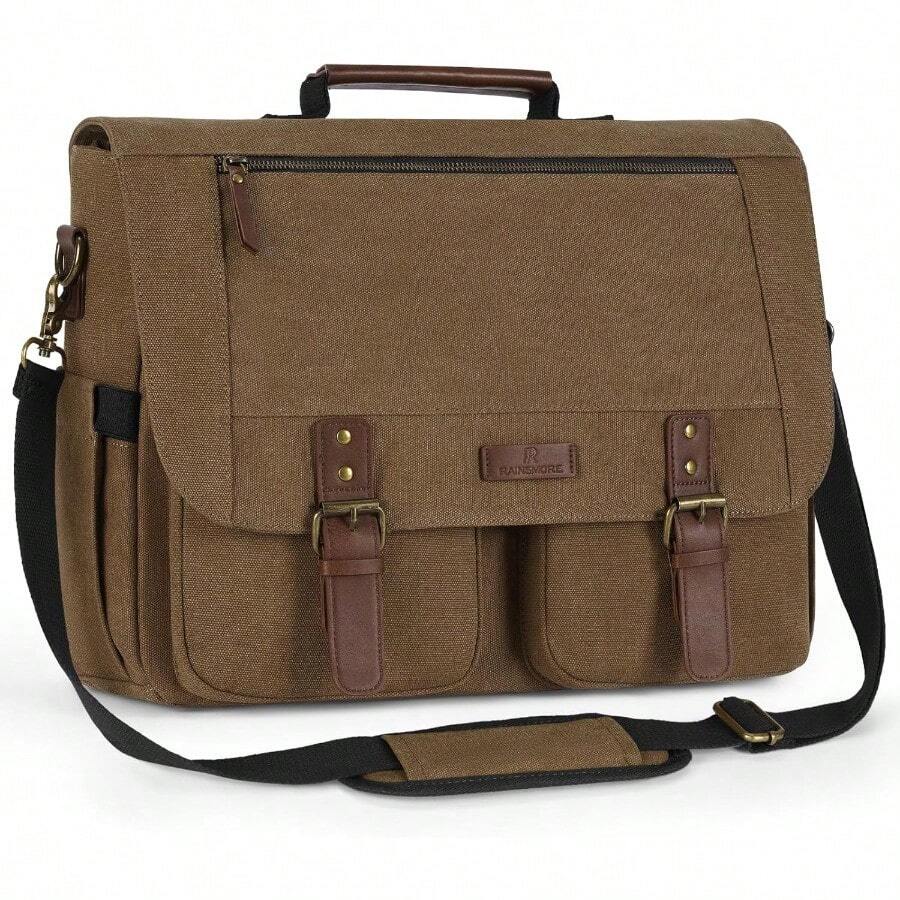 CYPNRAINSMORE Portafolios para Hombre 15.6 Pulgadas - Maletin para Laptop Hombre Impermeable Portafolio de Lona para Laptop con Bandolera Ajustable Vintage Bolso Messenger Bag - MarrónFashion - Marrn - Ver 1