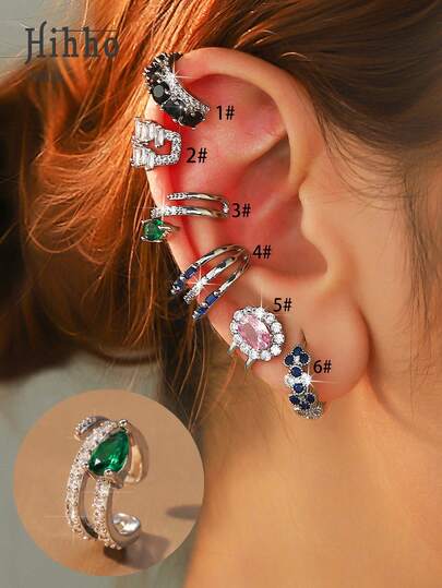 1개 다채로운 보석 상감 패션 다층 큐빅 지르코니아 레트로 C자형 플로럴 이어 커프, 여성을 위한 기하학적 디자인 구리 주얼리