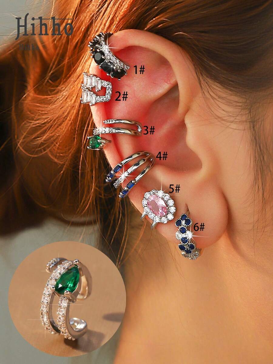 Hihho 1pc Colorful Gemstone Inlaid Fashion Multi-Layer Cubic Zirconia Retro C-Shaped Floral Ear Cuff, Geometric Design Copper Jewelry For Women