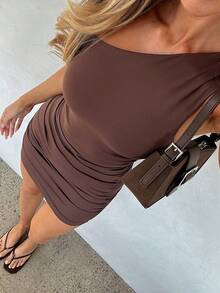 Women's Solid Color Knit Mini Bodycon Slip Dress, Spring/Summer Off Shoulder Short Dress, Suitable For Valentine's Day Elegant - Brown - View 6