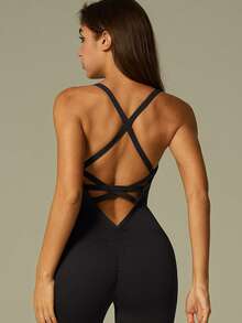 UONNOU 1pc Women's Sleeveless Backless Jumpsuit, Sports Bodysuit, Yoga Outfit, Casual Wear, Peach Hip Lifting, Waist Slimming, Full Body Shaping, Seamless Knit Soft Fabric, Tight Fit Sports Jumpsuit, Suitable For Outdoor Sports, Yoga, Running, Casual Daily Wear, Commute, Party, All Season, Spring/Summer - Dark Grey - View 8