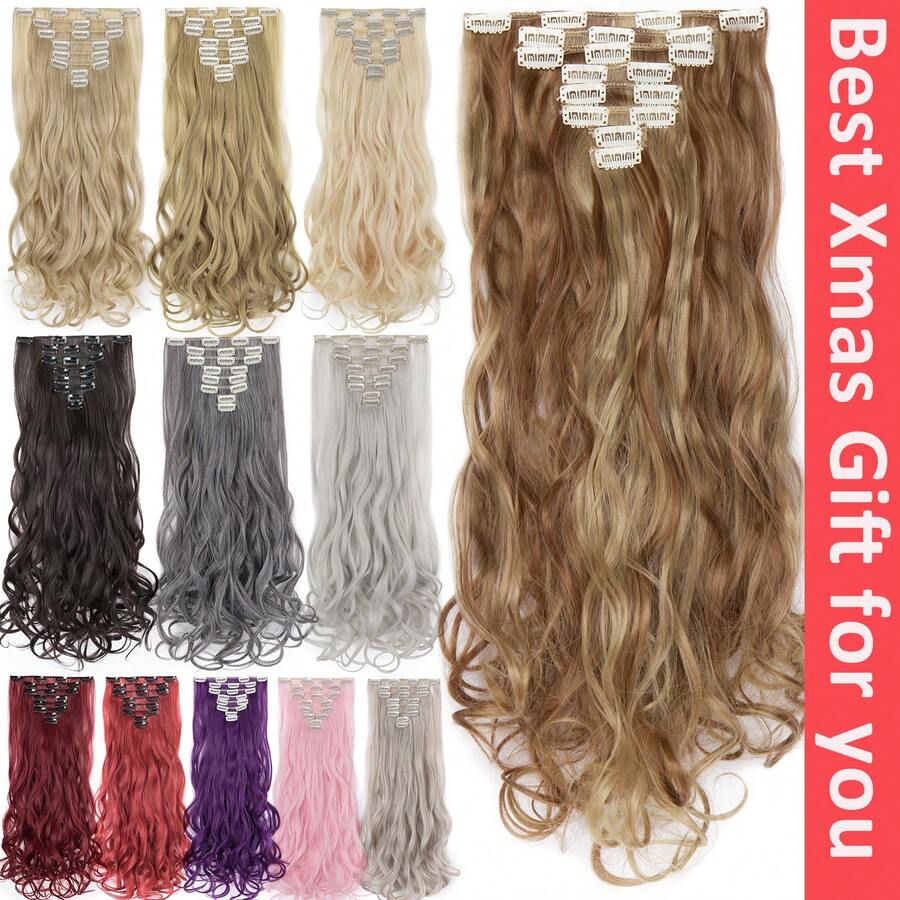 THICK 8PCS Clip In Extensions Wavy 24" Long Synthetic Thick Clips On Hair Piece For Women Curly Wavy Soft Full Head For Weddings Party Daily Use Christmas New Year - Light Grey - View 1