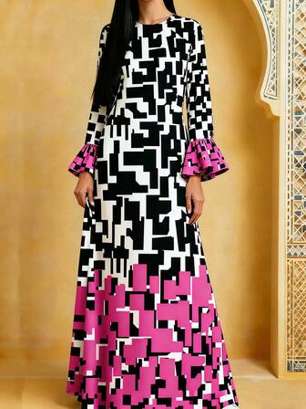 Women's Elegant Printed Long Dress, Long Sleeve High Neck | Printed Robe, Middle Eastern Style Dress, Muslim Abaya