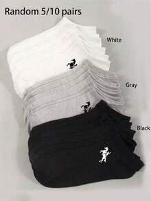 5/10双装男女通用纯色柔软舒适短袜，马匹图案，休闲运动风，适合日常穿着或户外活动，四季皆宜。 - 彩色 - 查看 5