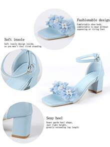 女士3D立体花朵珍珠装饰中跟粗跟设计纯色方头踝带凉鞋优雅甜美风格，适合工作、约会、婚礼等夏季穿着，浅蓝色中跟凉鞋 - 淺藍色 - 查看 5
