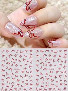 2片装闪亮蝴蝶结美甲贴纸，红色蝴蝶结不规则图案美甲设计，情人节和新年可爱迷人美甲装饰，自粘美甲贴纸，DIY美甲沙龙用品 - 紅色 - 查看 7