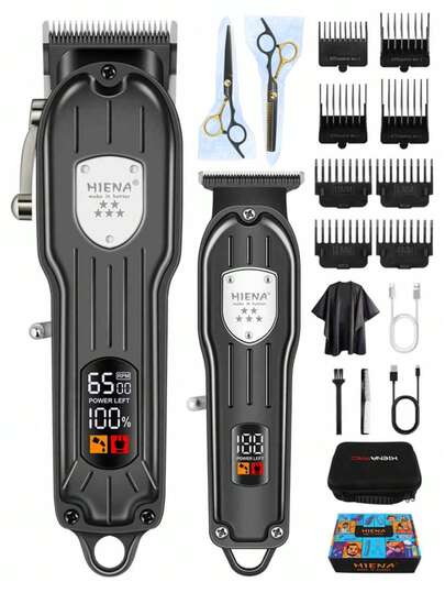  HIENA 男士理发器套装（两件套），包含两把无线电动理发器，USB快速充电，LED显示屏，精准理发，可修剪鬓角和胡须，黑色和银色可选，理想的个人理容工具，多种配件，精美礼盒包装，完美的节日礼物