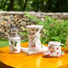 Pastoral Style Strawberry Ceramic Hand Coffee Grinder, Home Manual Drip Coffee Funnel, Milk Pitcher, Coffee Cup & Saucer Set - Multicolor - View 2