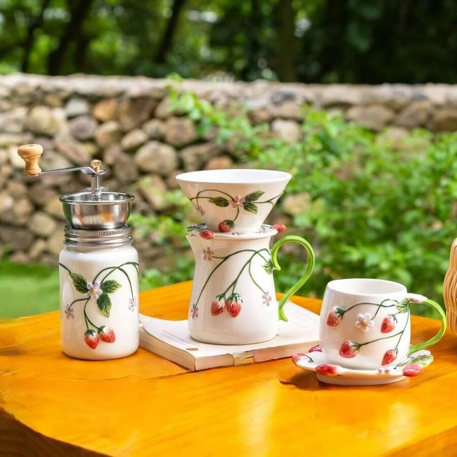 Pastoral Style Strawberry Ceramic Hand Coffee Grinder, Home Manual Drip Coffee Funnel, Milk Pitcher, Coffee Cup & Saucer Set