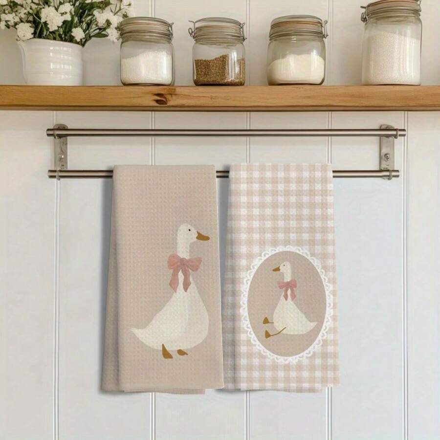 Vintage Bow Goose Kitchen Towels Set, Cottagecore Farmhouse Hand Towels, Soft Microfiber Dish Cloths, Double-Sided Printed Design, Absorbent Quick-Dry Towels For Kitchen, Bathroom Decoration, Country Home Decor, 16x24 Inch, 2/4/6/8/10/12PCS - 彩色 - 查看 1