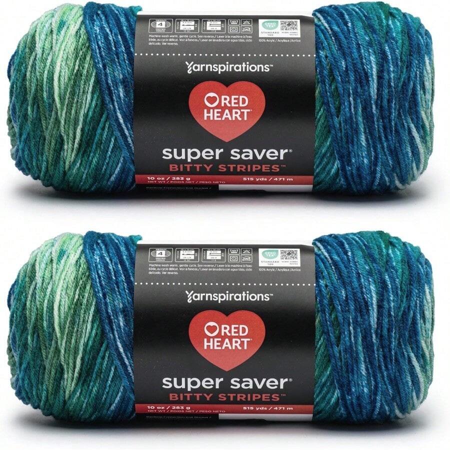 Red Heart Super Saver Bitty Stripes - 2 paquetes de 283 g 10 oz - 100% acrílico - #4 Worsted mediano - 515 yardas - Tejer Crochet - Algasmarinas - Ver 1