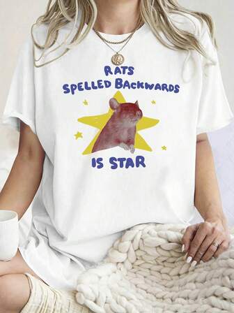 Plus Size Women's Daily "RATS SPELLED BACKWARDS IS STAR" Printed T-Shirt, Featuring The English Phrase, A Red Rat Graphic, And A Yellow Star Background Round Neck Short Sleeves Casual Spring/Summer/Fall Women's Plus-Size Short-Sleeved T-Shirt Going Out Tops Women,Vacation Outfits Women
