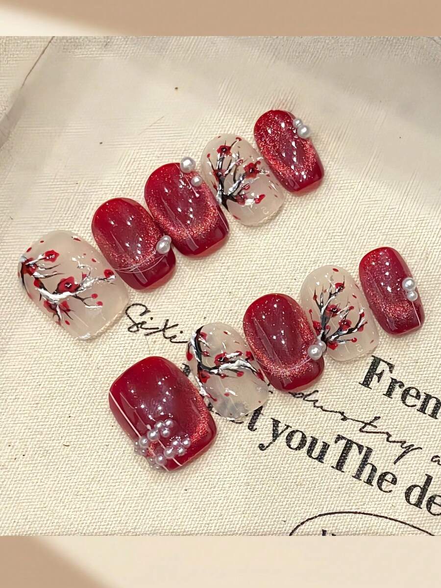 10 miếng dán móng tay hình mắt mèo màu đỏ tươi, cạnh nhẵn tự nhiên, thích hợp cho việc đi mua sắm, du lịch, hẹn hò và các dịp khác. - Đỏ - Xem 1