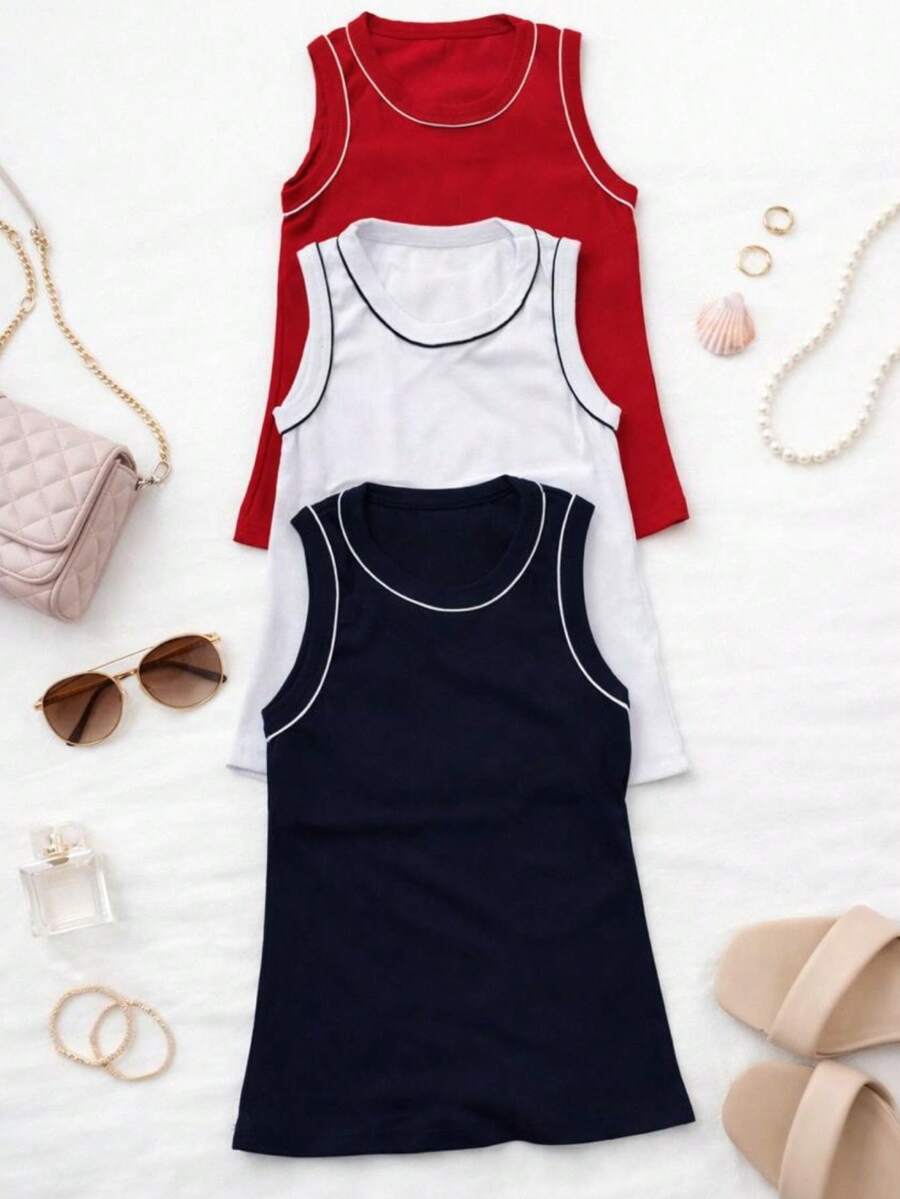 Set Of 3 Basic Women's Tank Tops With Contrasting Detail - Style And Elegance - đỏ, trắng và xanh đậm - Xem 1