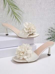 女士花卉高跟凉鞋，时尚法式风格，适合约会、购物、通勤、商务、宴会、派对等场合。 - 白色 - 查看 3