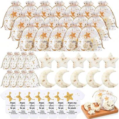 10 set/20 set babyshowerpresenter lavendel månstjärna tvålar för gäster med tackkort organzapåsar babyshowerpresenter för könsavslöjande festdekoration