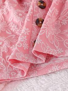 3件套女婴柔软优雅纯色套装：泡泡袖T恤上衣、蝴蝶结装饰提花短裙、发带套装 - 粉色 - 查看 8