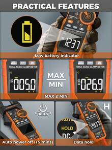 CM06 和 CM06Pro 数字钳形表万用表，600A/1000A 电流表/电压表，6000 计数，可测量安培、赫兹、欧姆、电容等参数。此外，它还具备 NCV（无源电压检测）、实时测量、最大值、最小值、保持功能、浪涌电流、VFD（变频器）、手电筒、自动关机、全量程过载保护和低电量指示等功能。