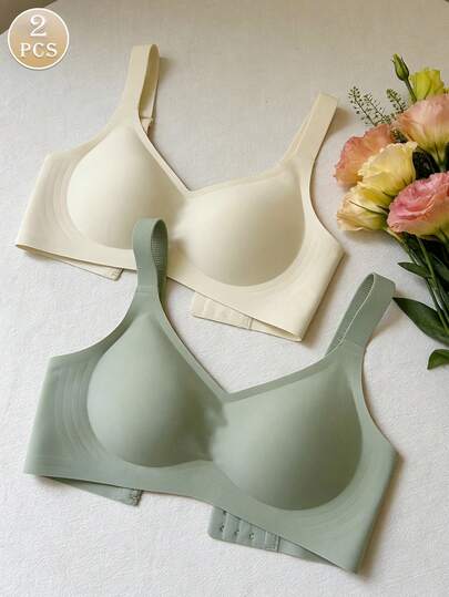 2件套简约舒适女士运动文胸，无钢圈，纯色