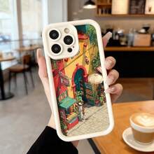 Cubierta de telefono con borde negro diseño de calle italiana con tiendas coloridas y texto en italiano para uso diario en cafeterias y espacios urbanos,Aplicable a los teléfonos de la serie Apple y Galaxy - Blanco - Ver 7