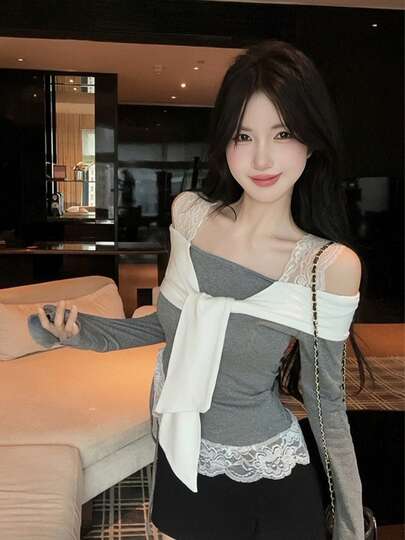 女士露肩蕾丝边长袖T恤，叠穿上衣