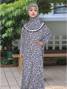 少女、十幾歲和兒童適用的粉色花卉印花頭巾,適合日常穿著和家庭使用,花瓣和小花圖案設計,彈性、舒適的寬腳和加長的下擺 - 玫紅色 - 查看 8