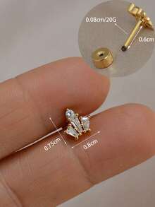 1 pieza Pendientes de botón chapados en oro de 18K, diseñados para oídos sensibles, pendientes de botón con corona de cobre, hoja y cruz de circonita, adecuados para cartílago de la oreja, hélix, trago, concha, lóbulo, daith, bajo contenido de alergia, 20G - Un par de pendientes de circonita redonda - Ver 18