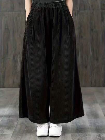 Women's High Waist Wide Leg Corduroy Pants, Loose Straight Leg Casual Trousers, Olive Green, Versatile For All Seasons