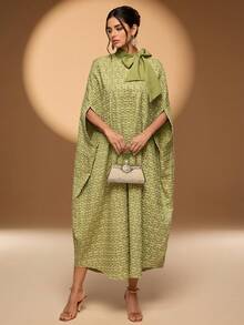 Modest Abaya With Tie Neck And Batwing Sleeves Long Woven Fabric Half Sleeve Design For Women - Green - View 5