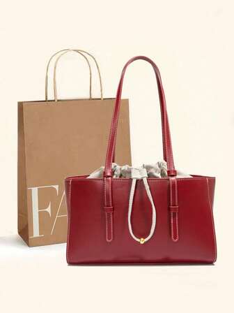 Bolsa tote feminina clássica, versátil, em tecido PU impermeável na cor bordô, com alças duplas e fechamento por cordão. Elegante e moderna, ideal para viagens, compras, deslocamentos diários e passeios. Perfeita para o dia a dia, compras, trabalho e ocasiões especiais.