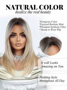 16英寸长直发假发，带刘海，黑金渐变色。高品质、舒适优雅的合成假发，适合日常佩戴。也是送给女孩的完美礼物。 - 漸變黑金 - 查看 3