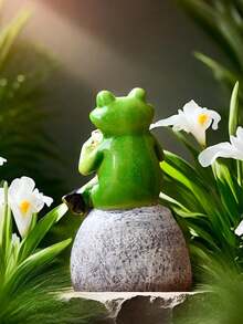 Frog Prince Drinking Coffee Statue, Resin 3D Frog Statue, Sitting On Stone, Outdoor Garden, Courtyard, Kindergarten Lawn Decoration, American Home And Indoor/Outdoor Decoration Sculpture, Gift For Good Friends - Multicolor - View 5