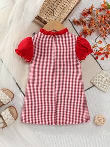 Baby Girl Valentine's Day Dress, Playful, Vibrant & Sweet Style, Red Ruffle Collar + Bubble Sleeve Plaid Dress, Full Of Energy, Suitable For Baby's Vacation, Outing And Daily Wear - Red - View 2