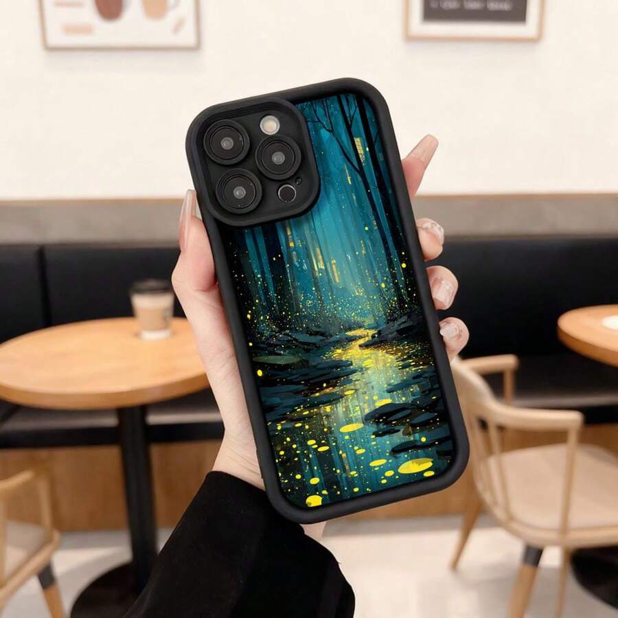 Cubierta de teléfono con diseño de bosque mágico azul y amarillo para iPhone 14 Pro Max resistente a golpes ideal para uso diario en cafeterías y espacios urbanos,Aplicable a los teléfonos de la serie Apple y Galaxy - Café integral - Ver 1