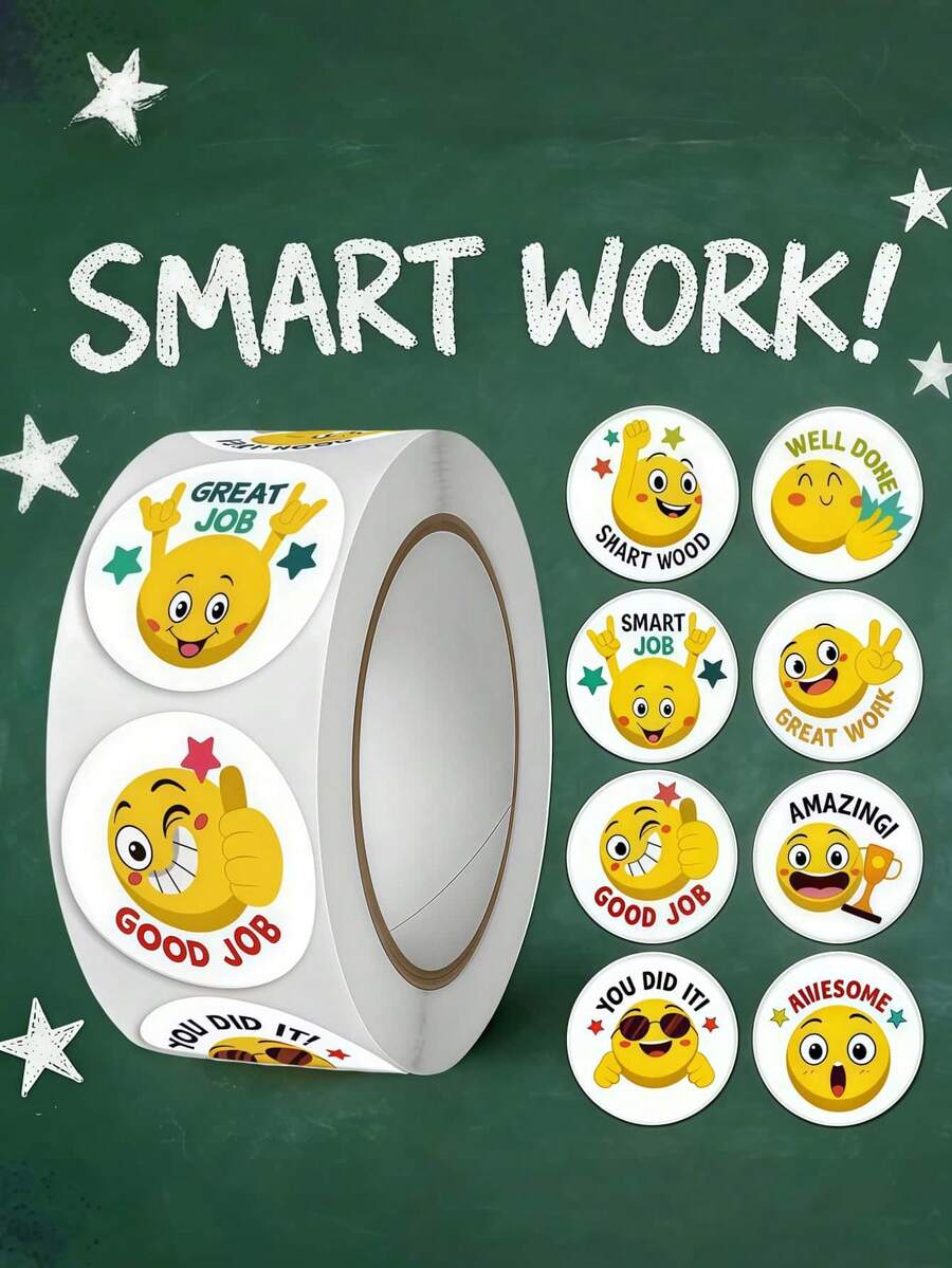 500张/卷卡通黄色表情贴纸,1英寸,教师可用于表扬和鼓励学生。适用于文具、书籍、手机、笔记本电脑、台式电脑、头盔、水瓶、眼镜等。多用途PVC防水贴纸,可爱笑脸奖励贴纸,500张/卷,2.5厘米自粘贴纸,包装胶带封口贴纸。 - 彩色 - 查看 1