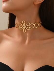 1件复古简约百搭金属镂空花朵项链，时尚创意光滑镂空花朵项链，适合女性日常、度假和正式场合佩戴。 - 金色 - 查看 1