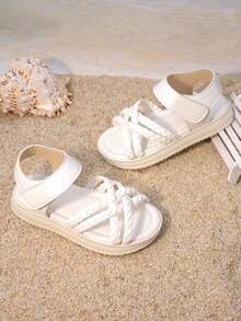 1 Pair Kids' Textured Braided Strap Sandals | Lightweight Anti-Slip Flat Open-Toe Daily Beach Shoes For Girls Summer - White - View 6