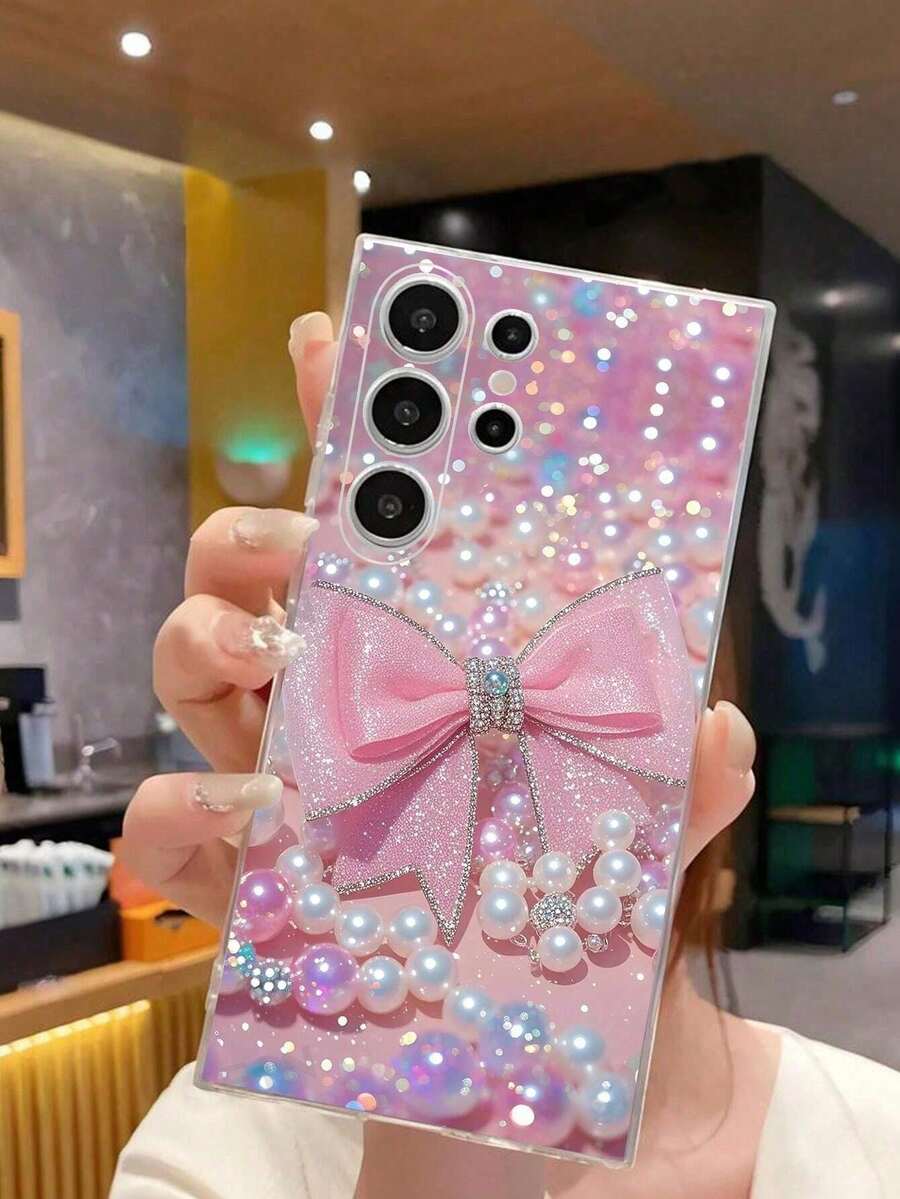 1pc Fashion Pearl Bow Soft Transparent Phone Case, Compatible With Samsung Galaxy A04e/12/A13/A14/A34/A50/A52/A53/A54/S21/S22/S23/S24/S25/S25 Ultra - Clear - View 1