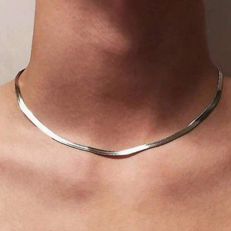 1条时尚简约不锈钢扁平蛇形链项链，男士日常配饰，珠宝礼品