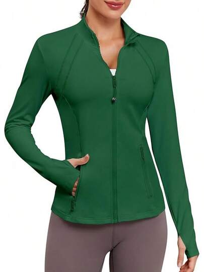 Women's Fitted Athletic Zip Up Jacket - Thumb Holes Pockets Workout Running Track Coat For Yoga Gym Travel